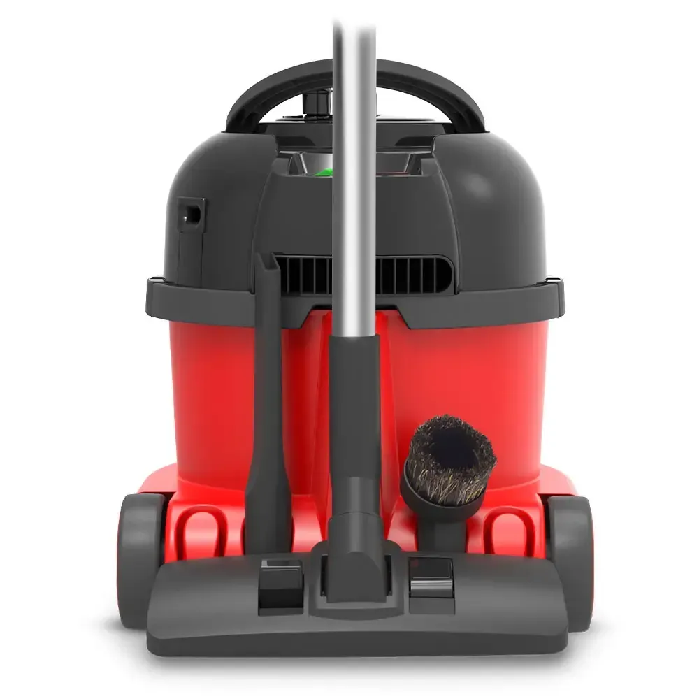 Red and black Numatic Henry vacuum cleaner with a smiling face, hose, and cleaning head.