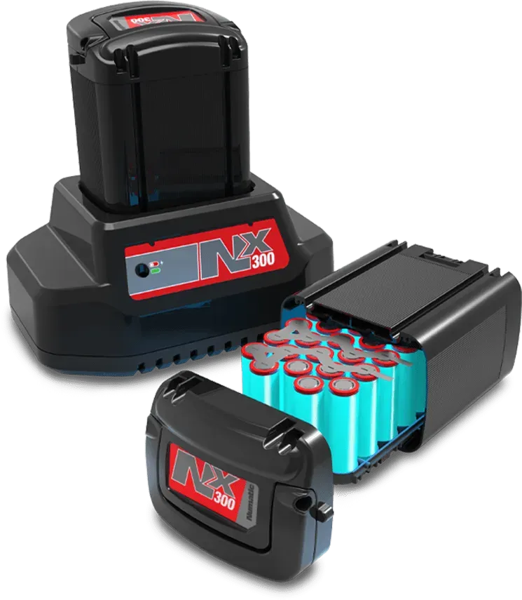 Black battery pack with open compartment revealing cylindrical cells, charging station, and logo 