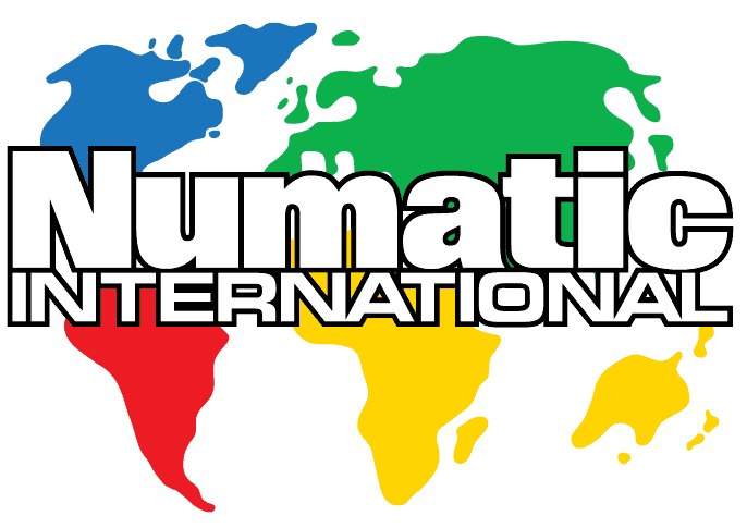 Logo for Numatic International, with text over a colorful world map.