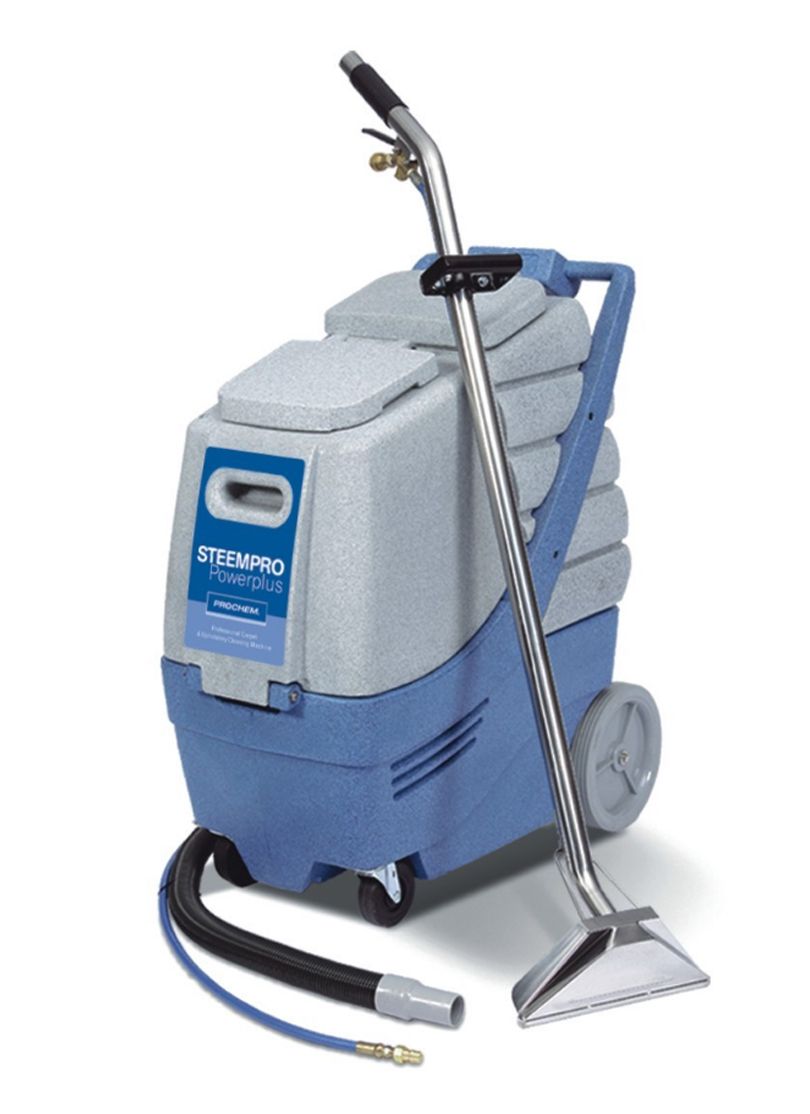 Blue and white carpet cleaning machine with a handle and wheels.