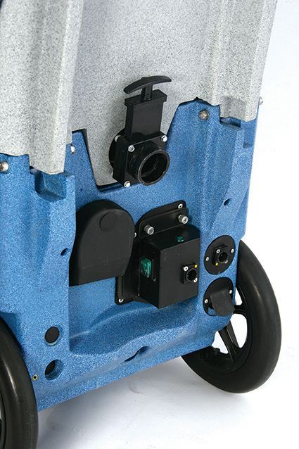 Blue and gray carpet cleaning machine with nozzle and hose.