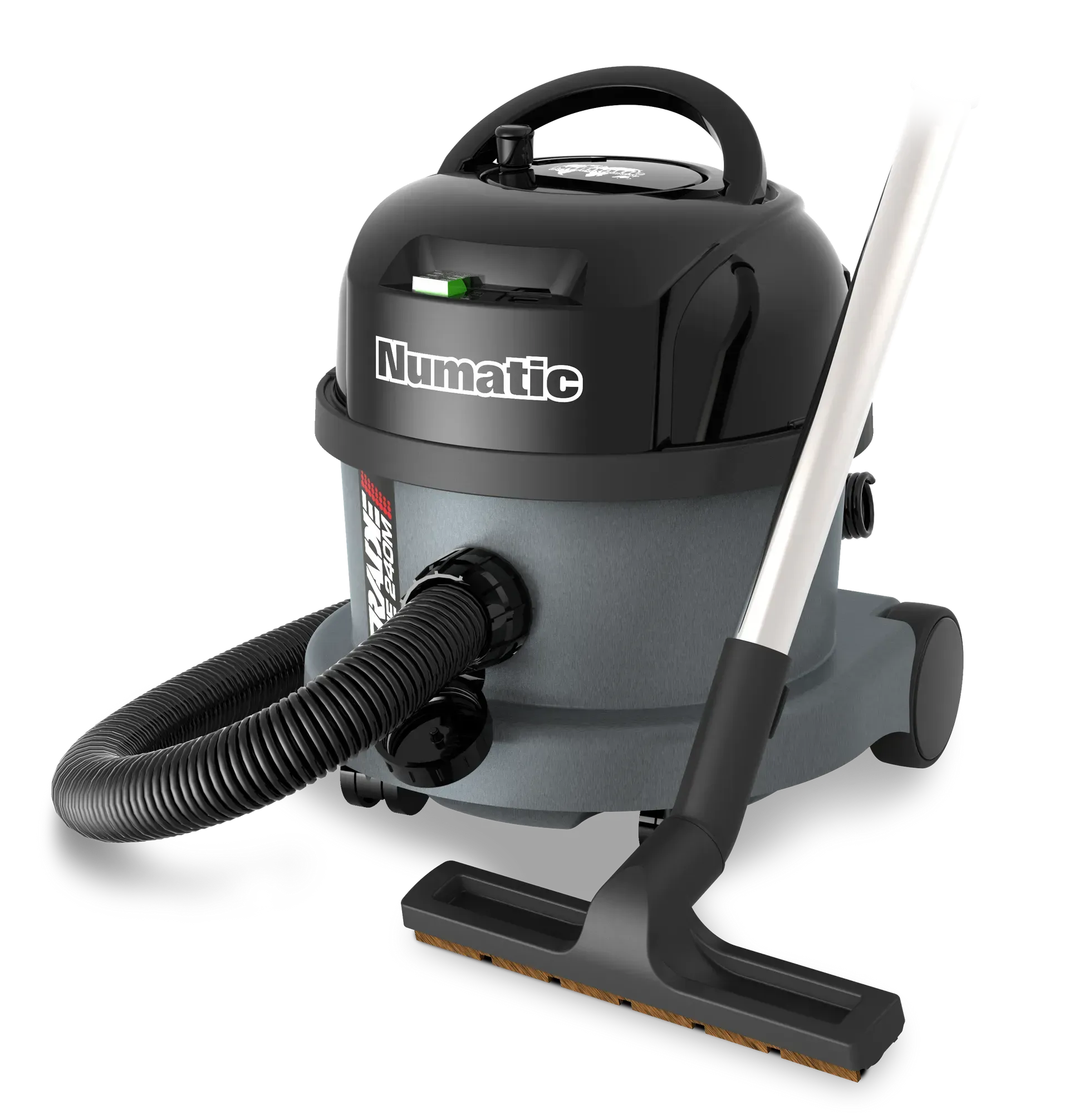Gray and black Numatic vacuum cleaner with a carrying handle and a large circular dial.