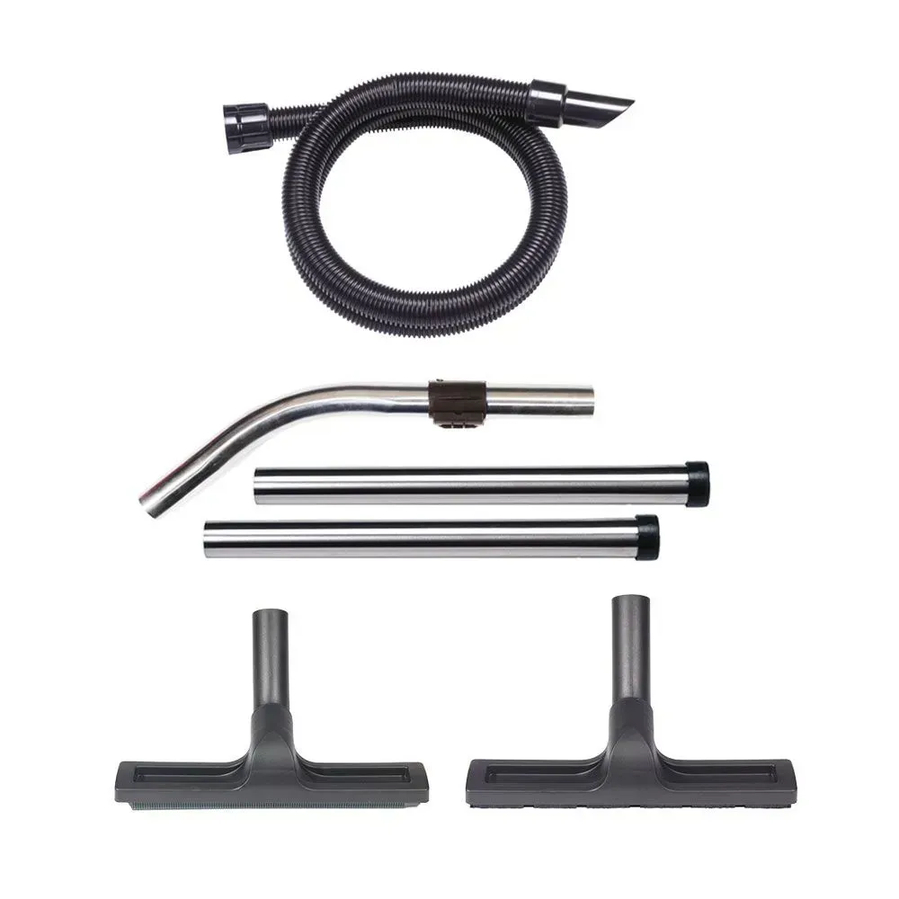 Blue Numatic wet/dry vacuum cleaner with black top and hose, standing on a white surface with attachments.