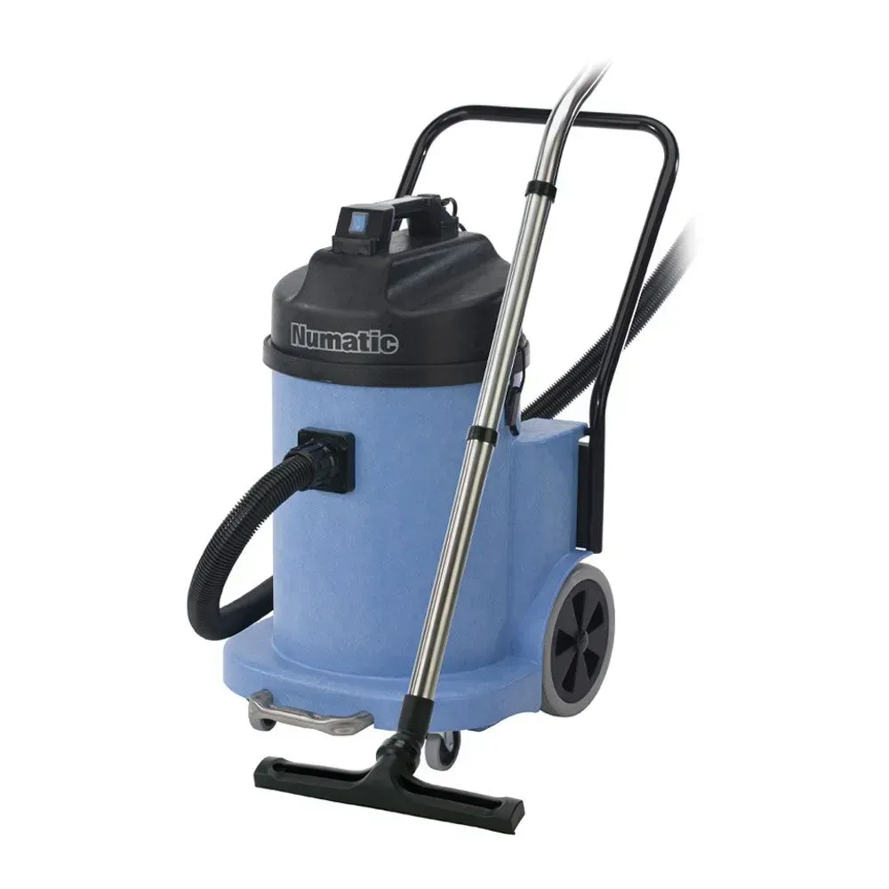 Blue Numatic wet/dry vacuum cleaner with a black handle, hose, and attachments.