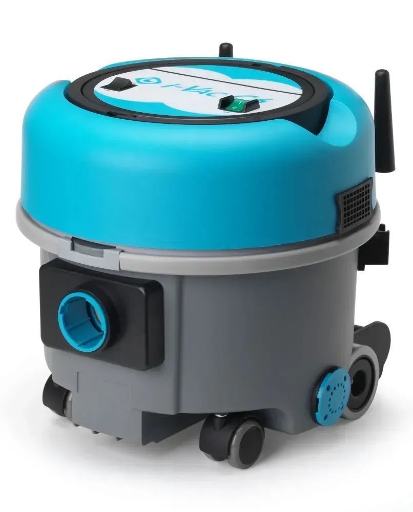 Robot vacuum cleaner in blue and gray, with a circular top and wheels.