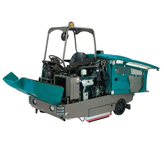 Teal-colored T20 floor scrubber with black seat and steering wheel.  Cleaning equipment, likely for industrial use.