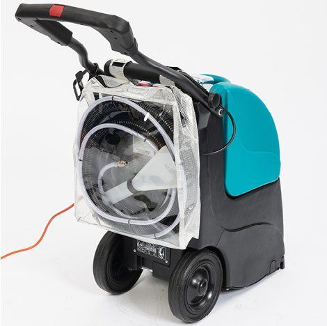 Carpet cleaning machine on wheels; teal and black. Hose and cable visible.