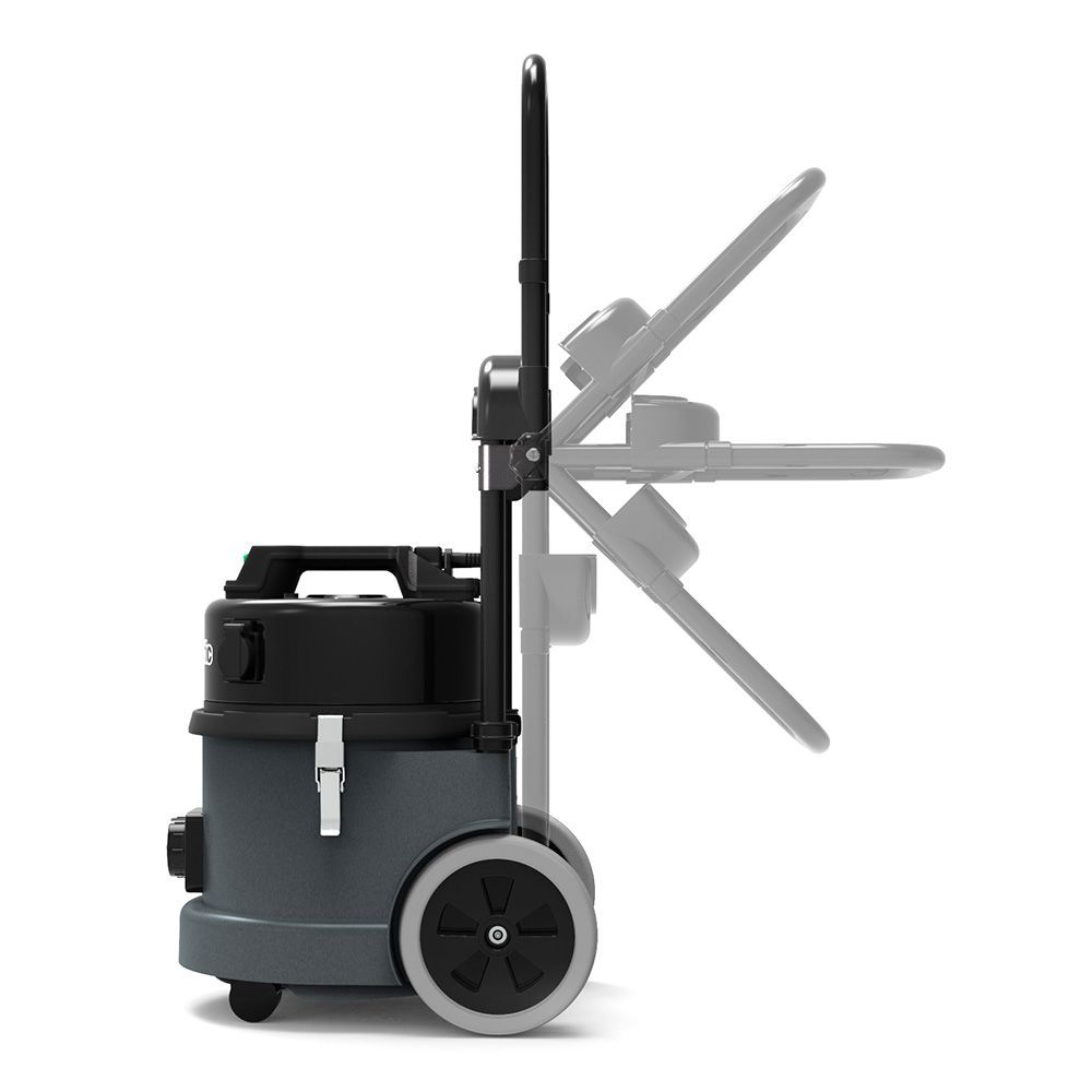 Gray and black wet/dry vacuum with adjustable handle and wheels on a white background.