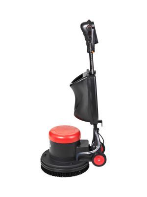 Black and red floor buffer with handle and wheels, on a white background.