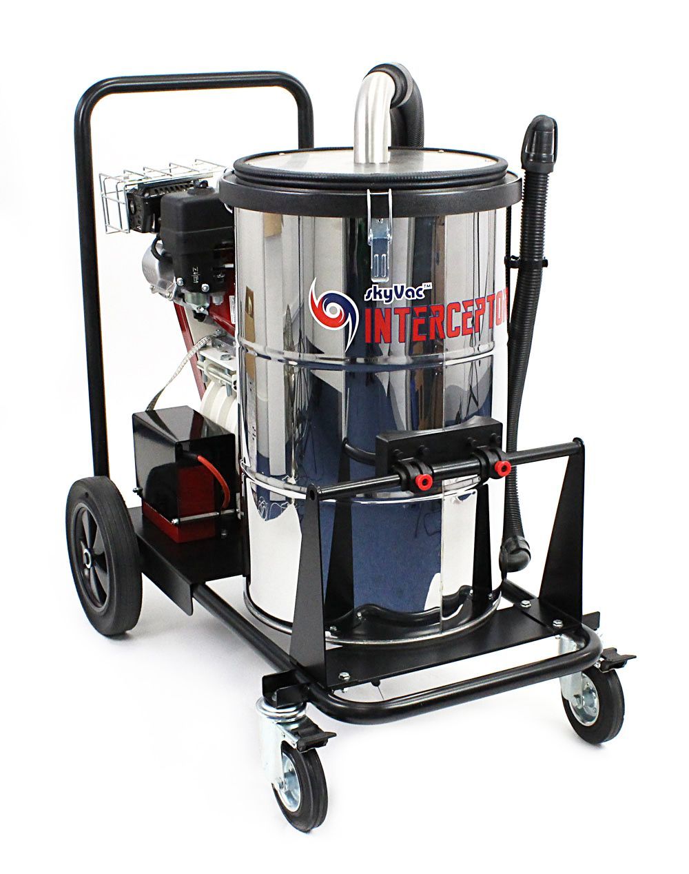 Gas-powered industrial wet/dry vacuum cleaner with a stainless steel tank, mounted on a wheeled cart.