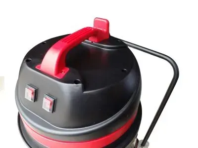 Stainless steel Viper vacuum cleaner with red and black accents, on wheels.
