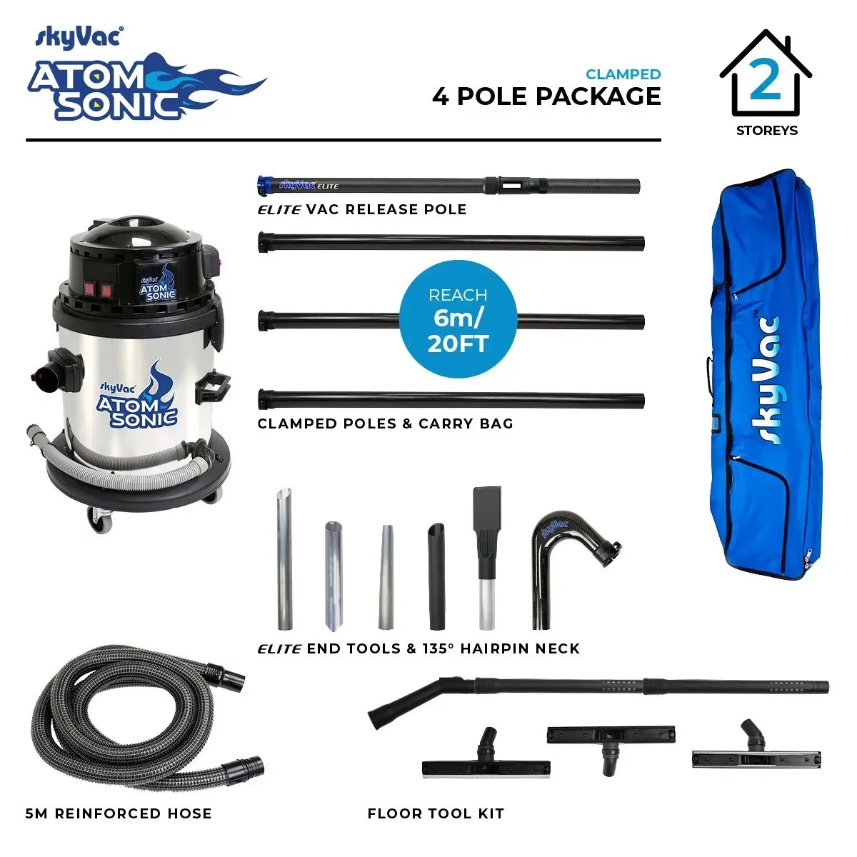 Stainless steel Atom Sonic wet/dry vacuum cleaner with blue flame logo, black top, and wheels.