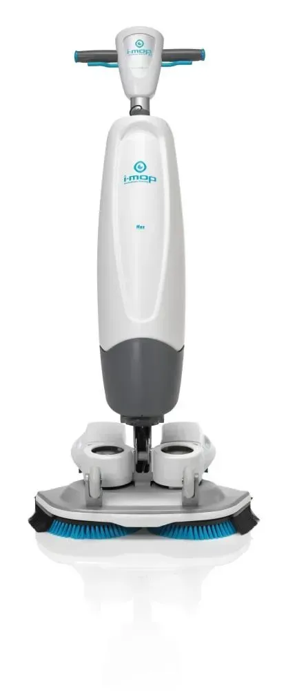 White and gray floor scrubber with blue brushes and trim.