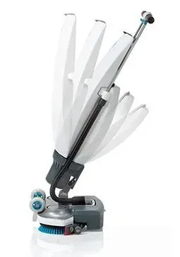 White and gray floor cleaning machine with teal accents, front view.
