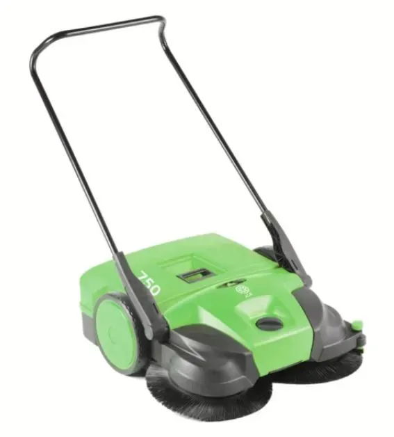 Green and black push-powered outdoor sweeper with handle, brushes, and wheels.