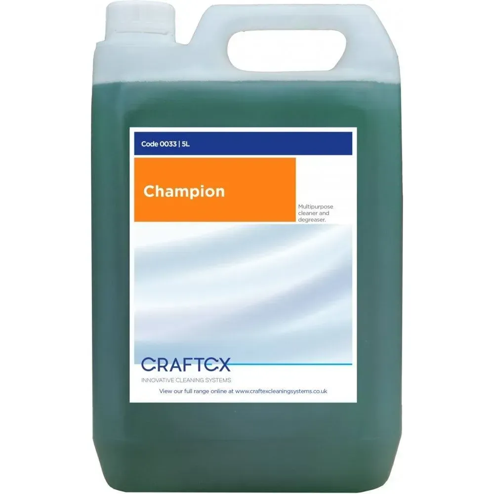 Green Champion cleaning solution jug from Craftex. Orange and blue label.