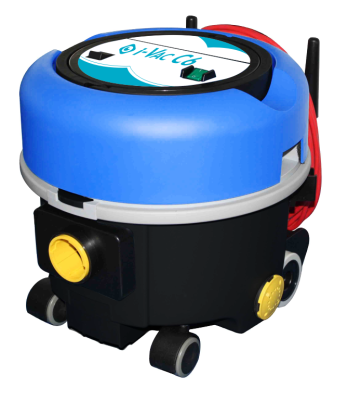Blue and black robot vacuum cleaner with a yellow button and antennas.