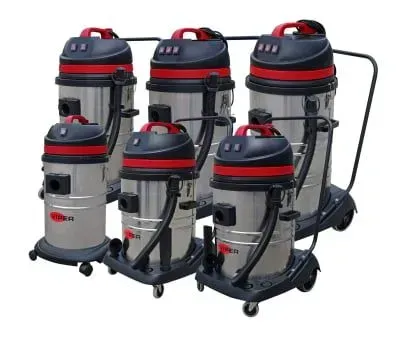 Stainless steel Viper vacuum cleaner with red and black accents and wheels.