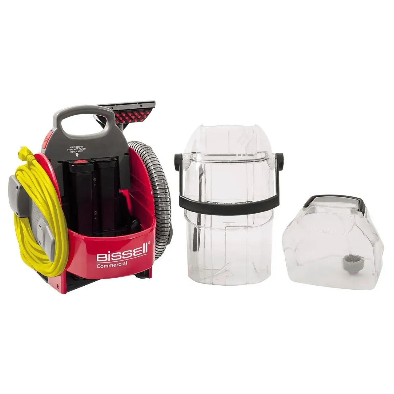 Red and clear Bissell Commercial carpet cleaner with handle, hose, and nozzle.