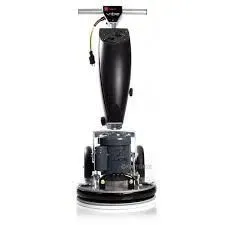 Black floor buffer machine, upright design with circular cleaning pad, against white background.
