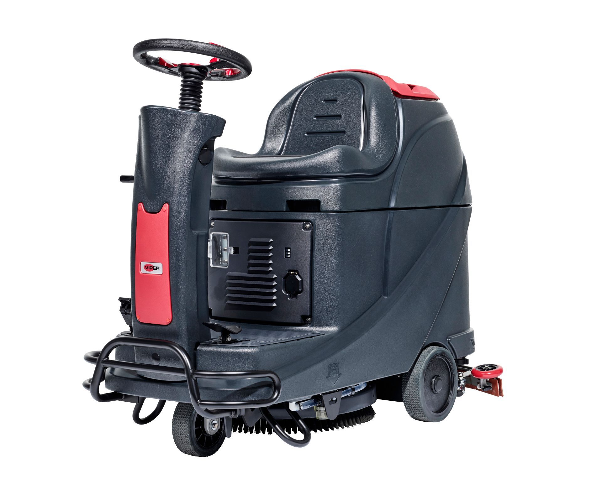 Ride-on floor cleaning machine, dark gray and red, with steering wheel and seat, on a white background.
