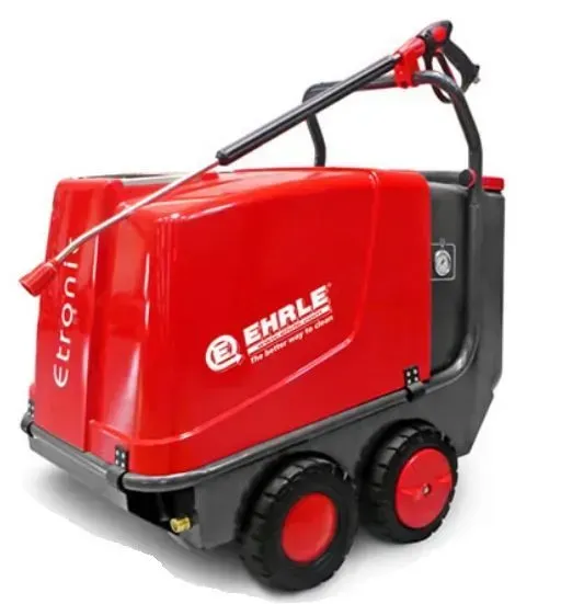 Red and gray Ehrle high-pressure cleaner on wheels, with a spray gun attached.