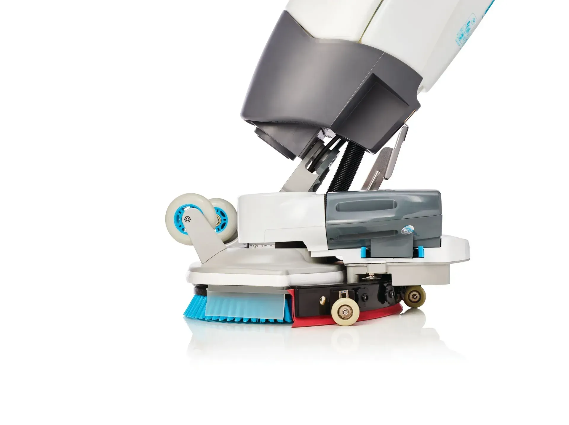 White and gray upright floor cleaner with blue brushes, angled on a white surface.