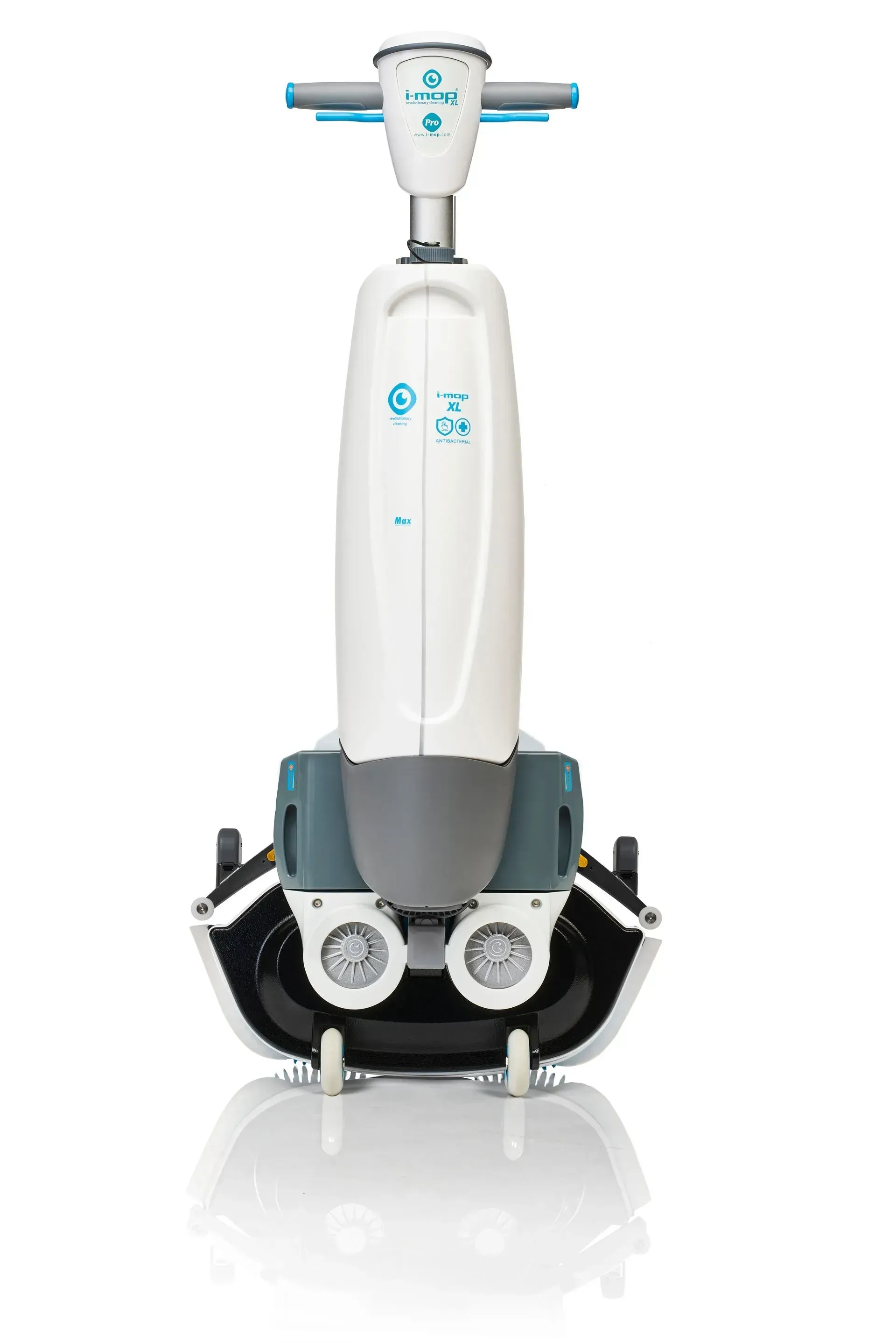 White and gray floor cleaning machine with blue accents, angled on a white background.