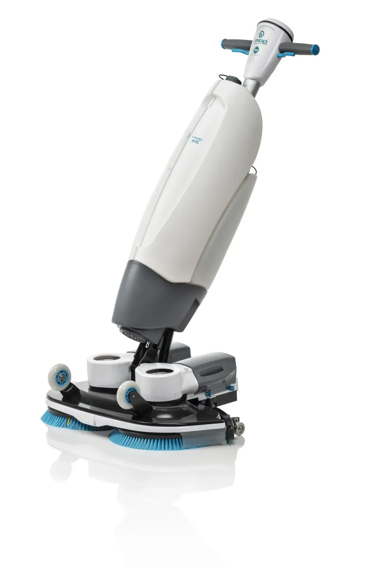 White and gray floor scrubber with a handle, two circular scrubbers at the base.