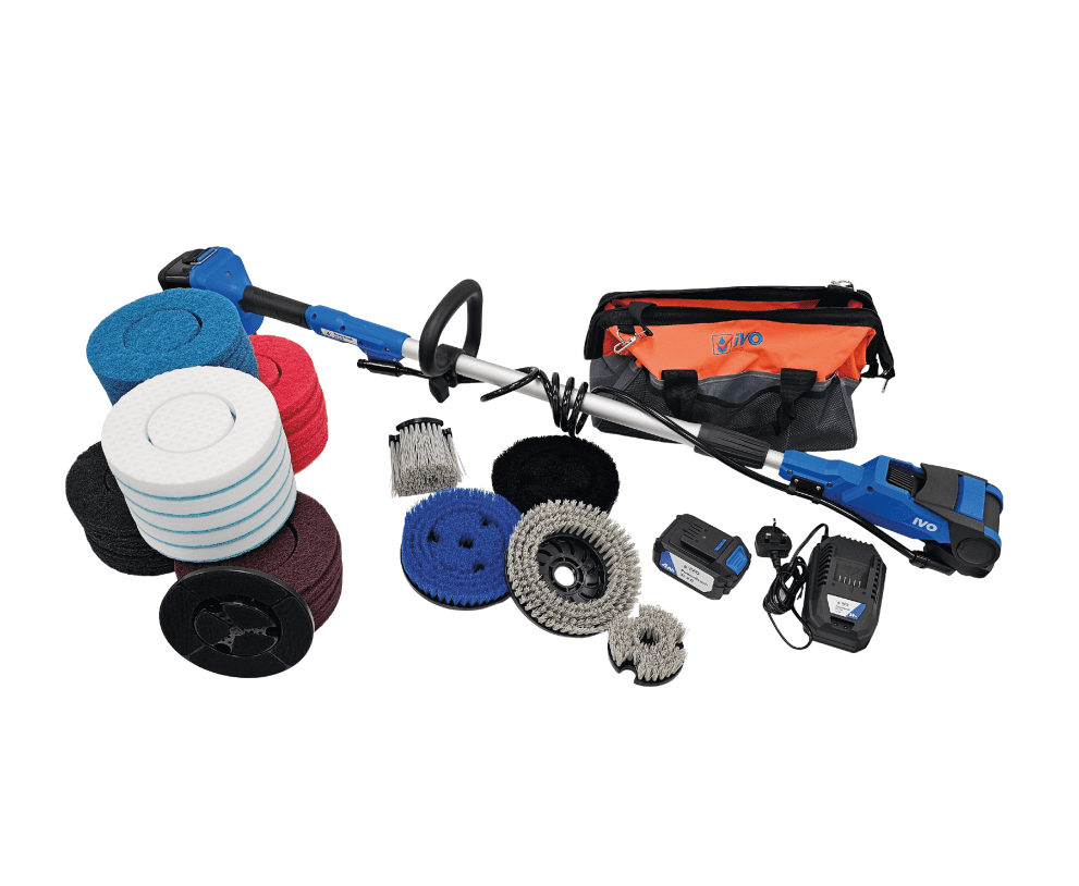 Blue and black electric floor cleaner with multiple pads and bag.