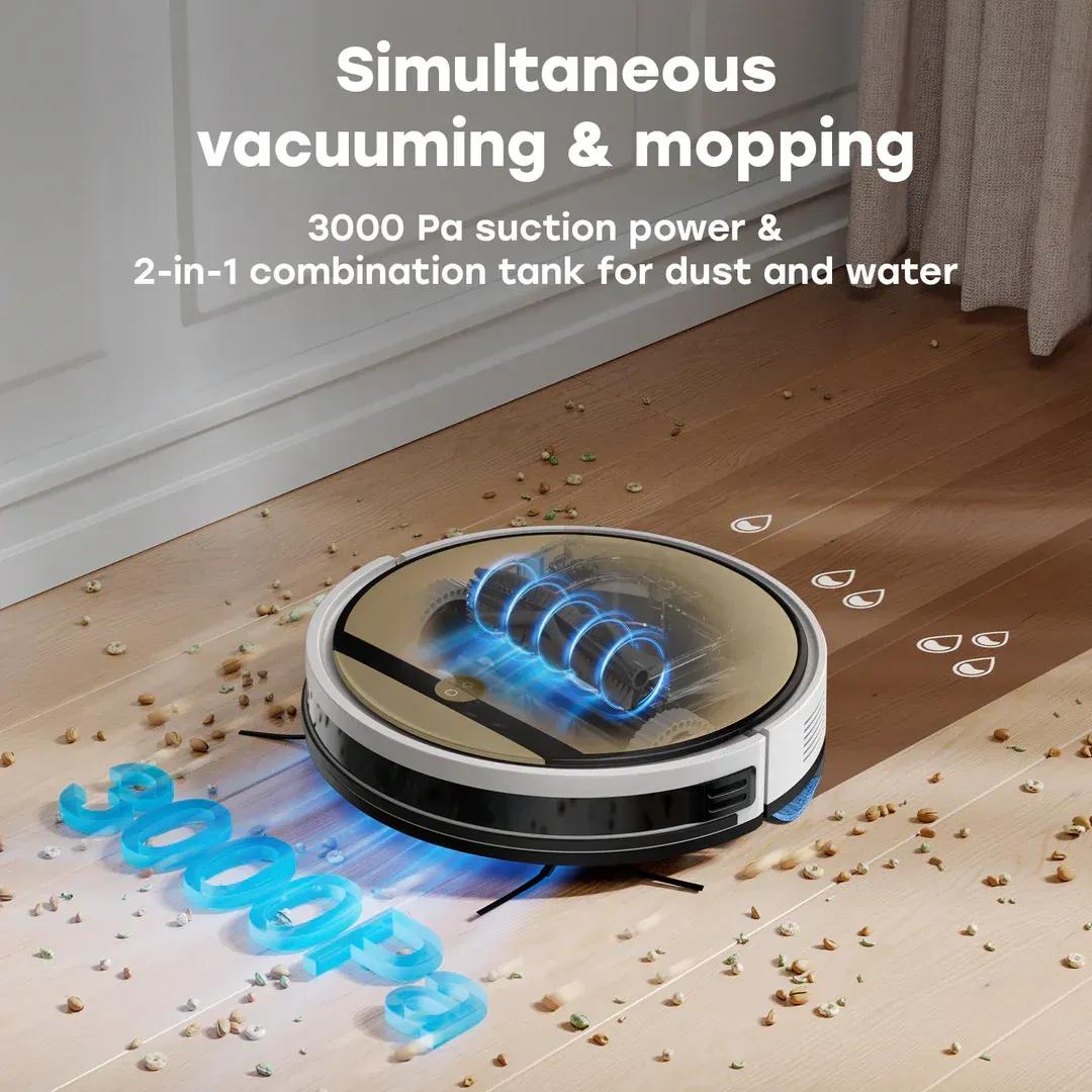 Robot vacuum cleaner simultaneously vacuuming and mopping. Text highlights 3000 Pa suction power and 2-in-1 tank.