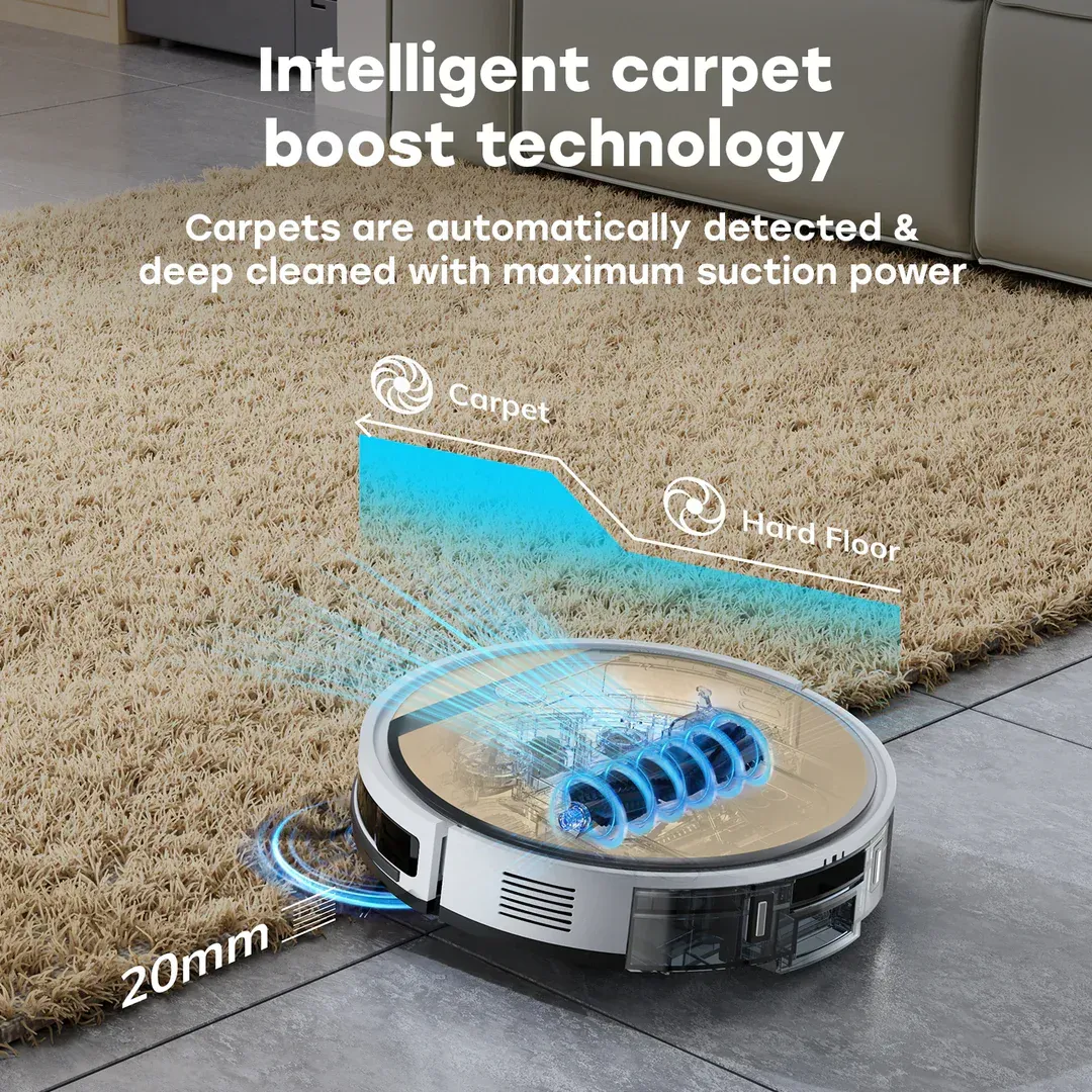 A robot vacuum cleaning carpet, with text highlighting 