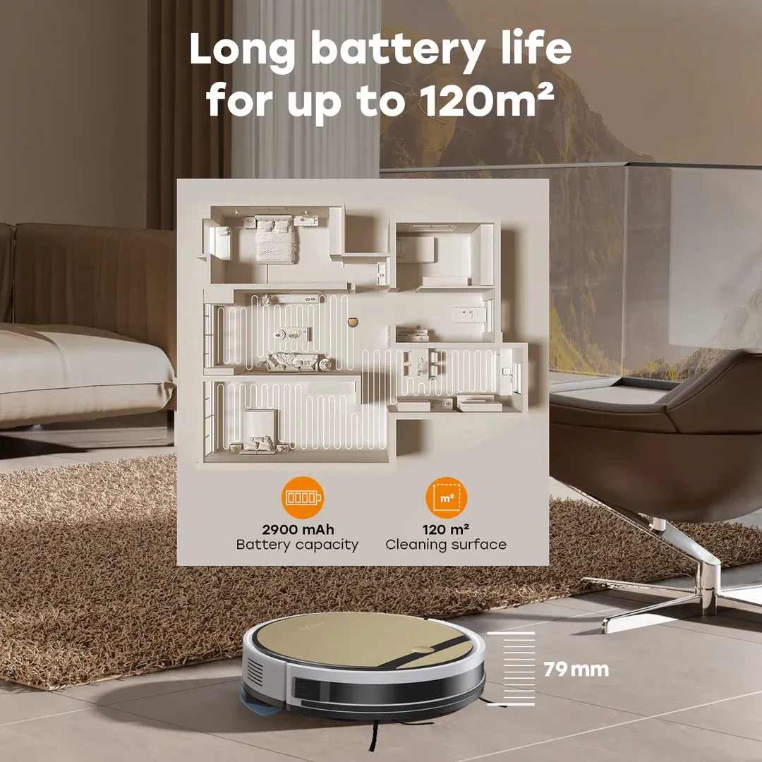 Robot vacuum cleaner cleaning a room, diagram of a house, and text stating battery life for up to 120m².