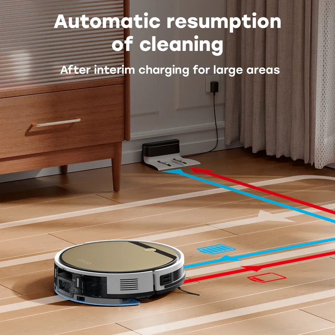 Robot vacuum cleaning, automatically returning to base to charge and resuming cleaning. Wooden floor with furniture.