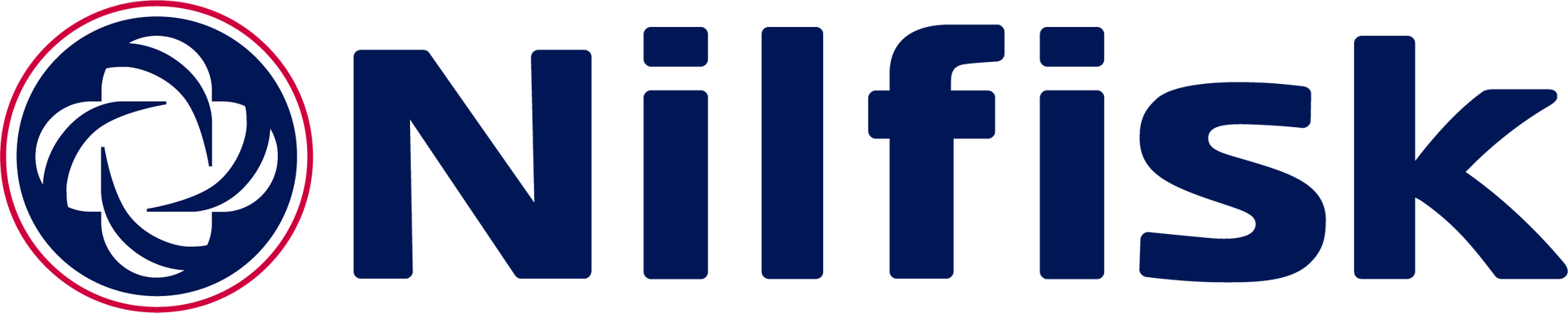 Nilfisk logo: circular emblem with blue swirling design and company name in blue.