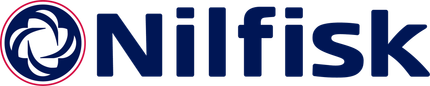 Nilfisk logo: circular emblem with blue swirling design and company name in blue.