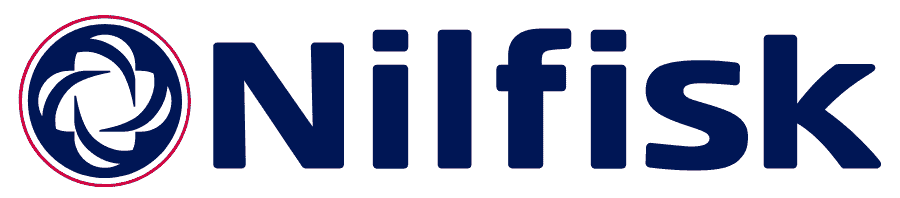 Nilfisk logo: dark blue text with a blue and white design in a circle on the left.