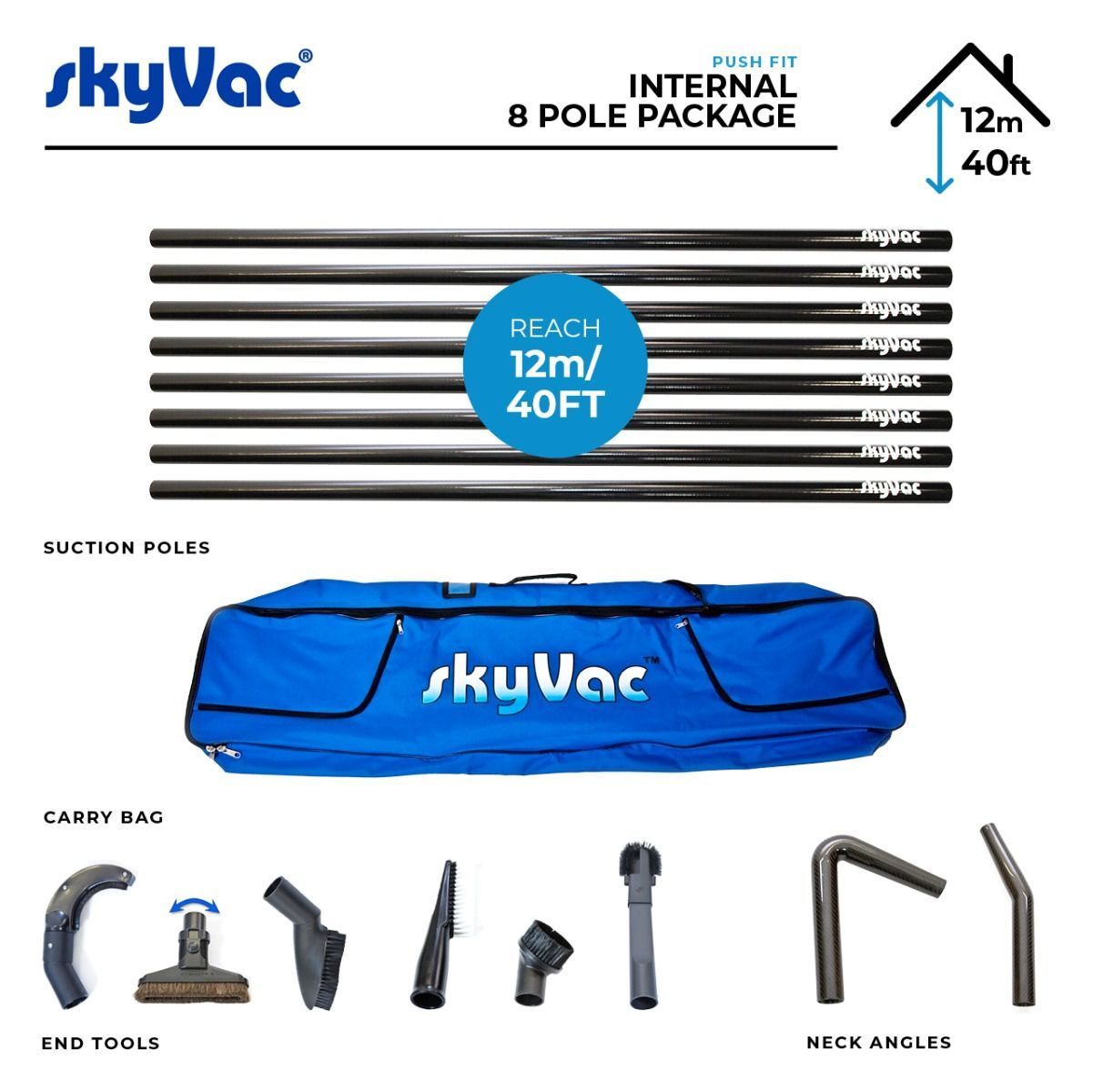 SkyVac cleaning kit: black poles, blue bag, and various attachments, reaching 12m/40ft.