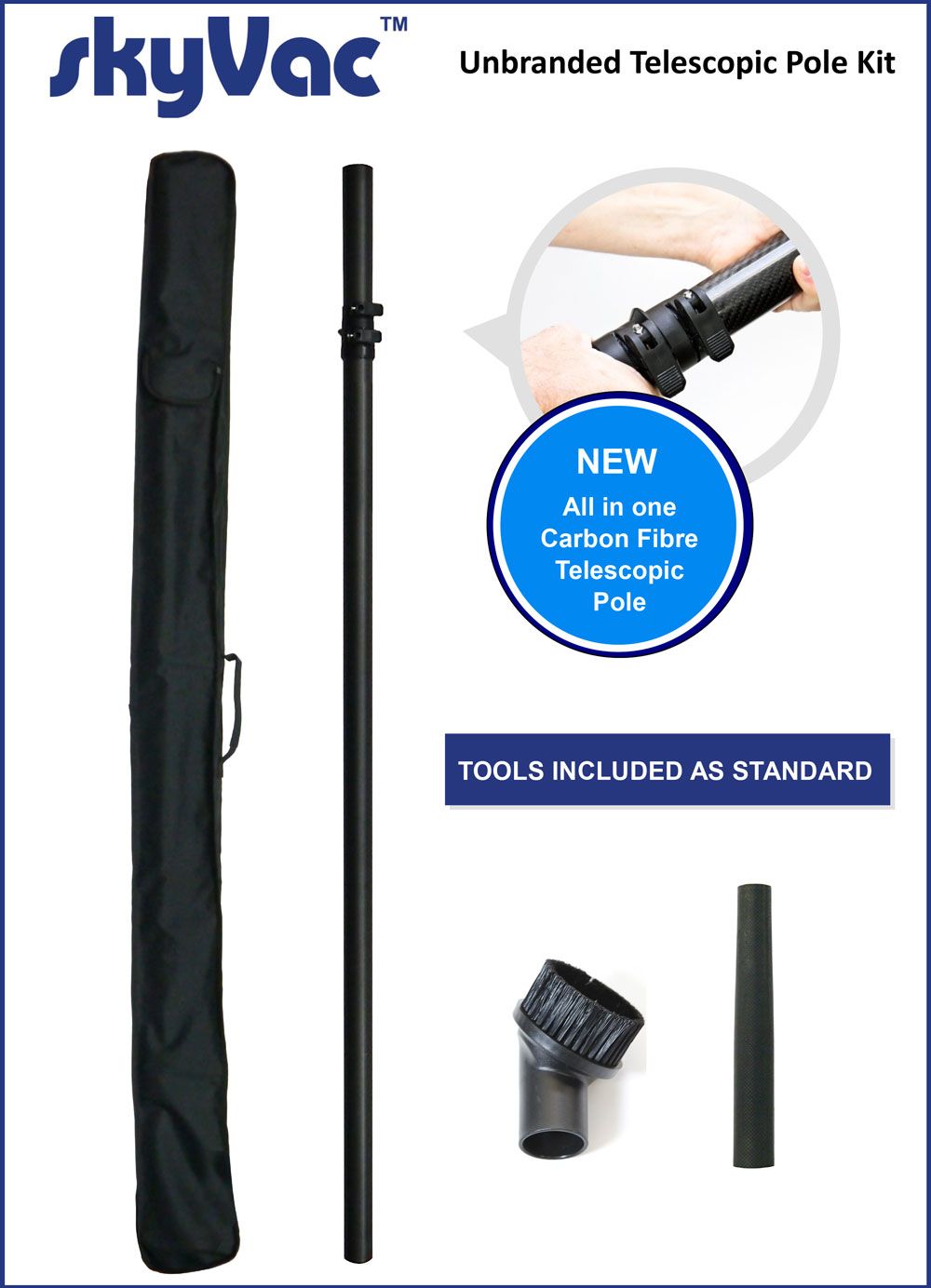 SkyVac 4m telescopic vacuum pole kit with tools, connectors, and a carry bag.