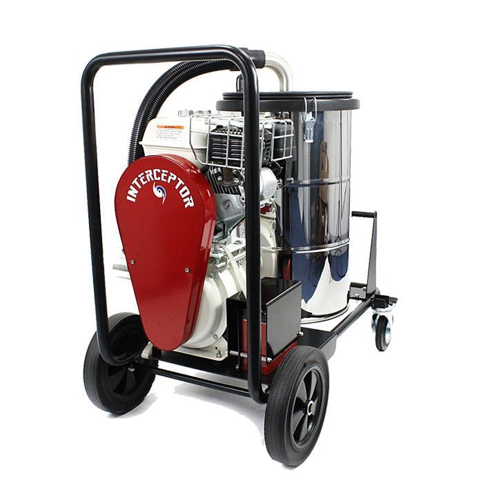 Red and silver Interceptor vacuum cleaner on a wheeled cart with a black frame and tires.