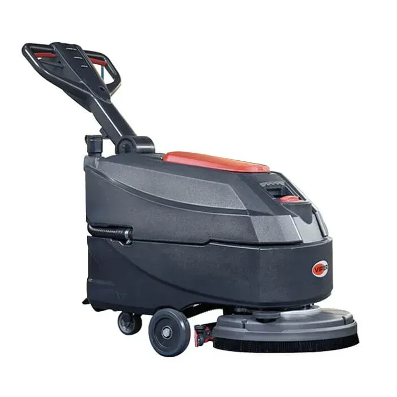 Black and gray Viper floor scrubber with a red handle and controls, on a white background.