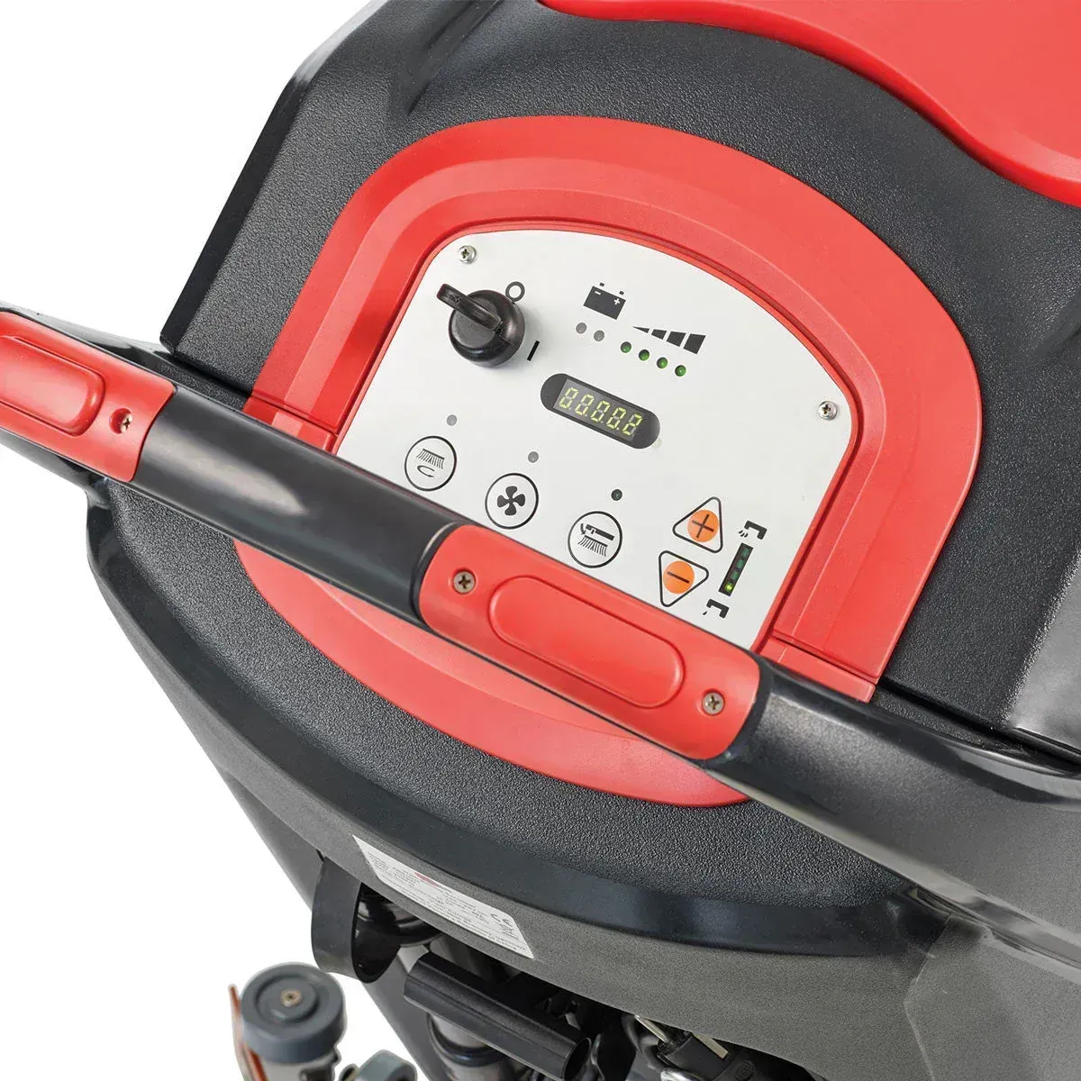 Black and red floor cleaning machine with circular brush head and handle.