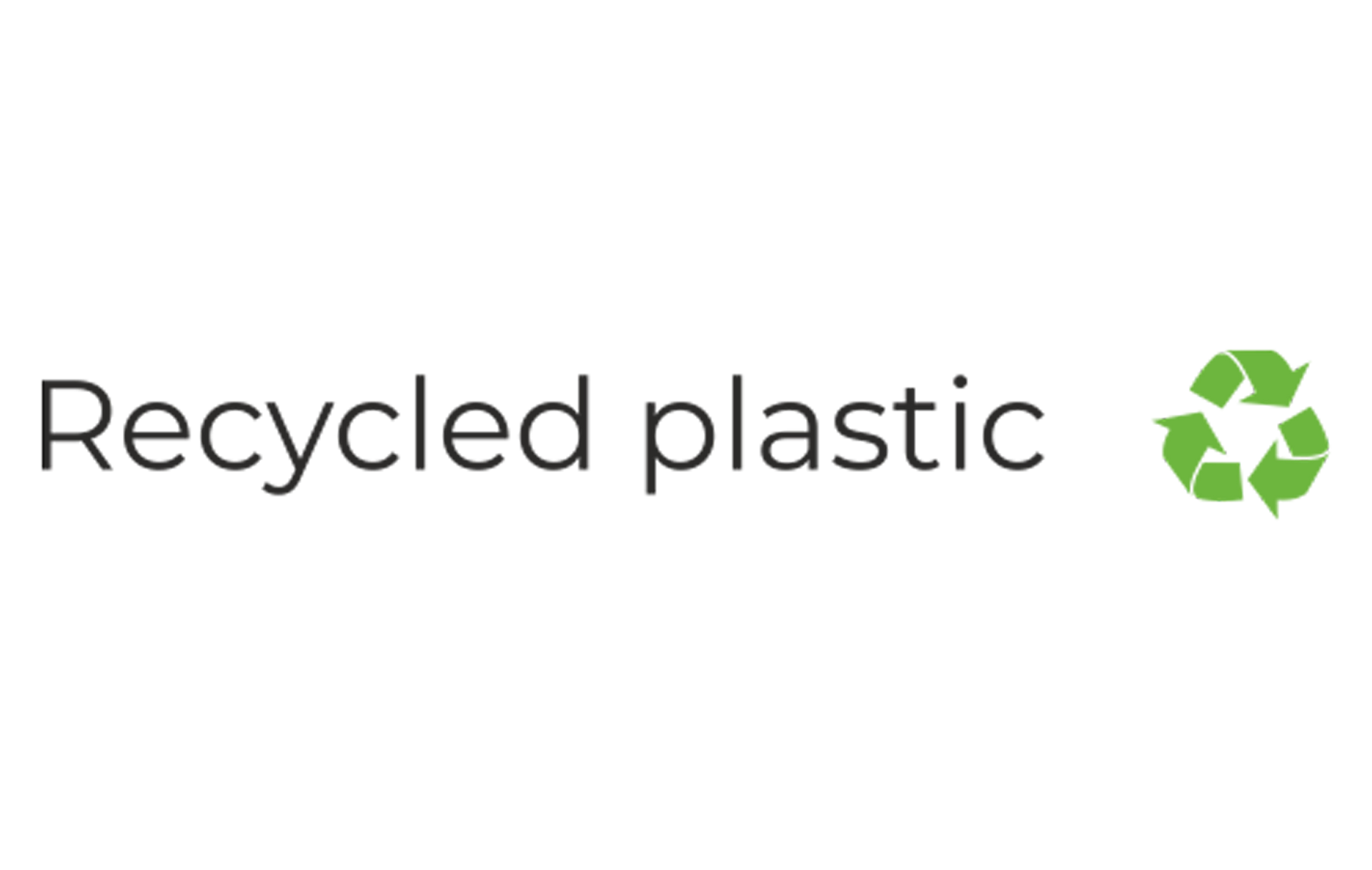 Un logo per la plastica riciclata con un simbolo verde del riciclaggio.
