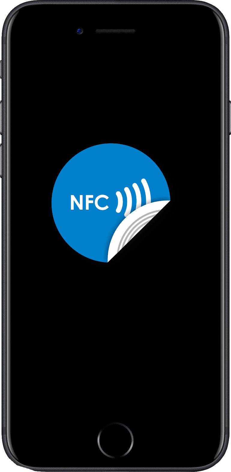 Un telefono cellulare con un adesivo NFC sullo schermo.