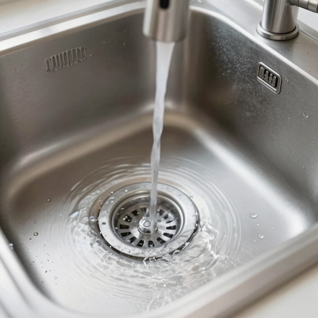 Agua girando en un fregadero con drenaje lento