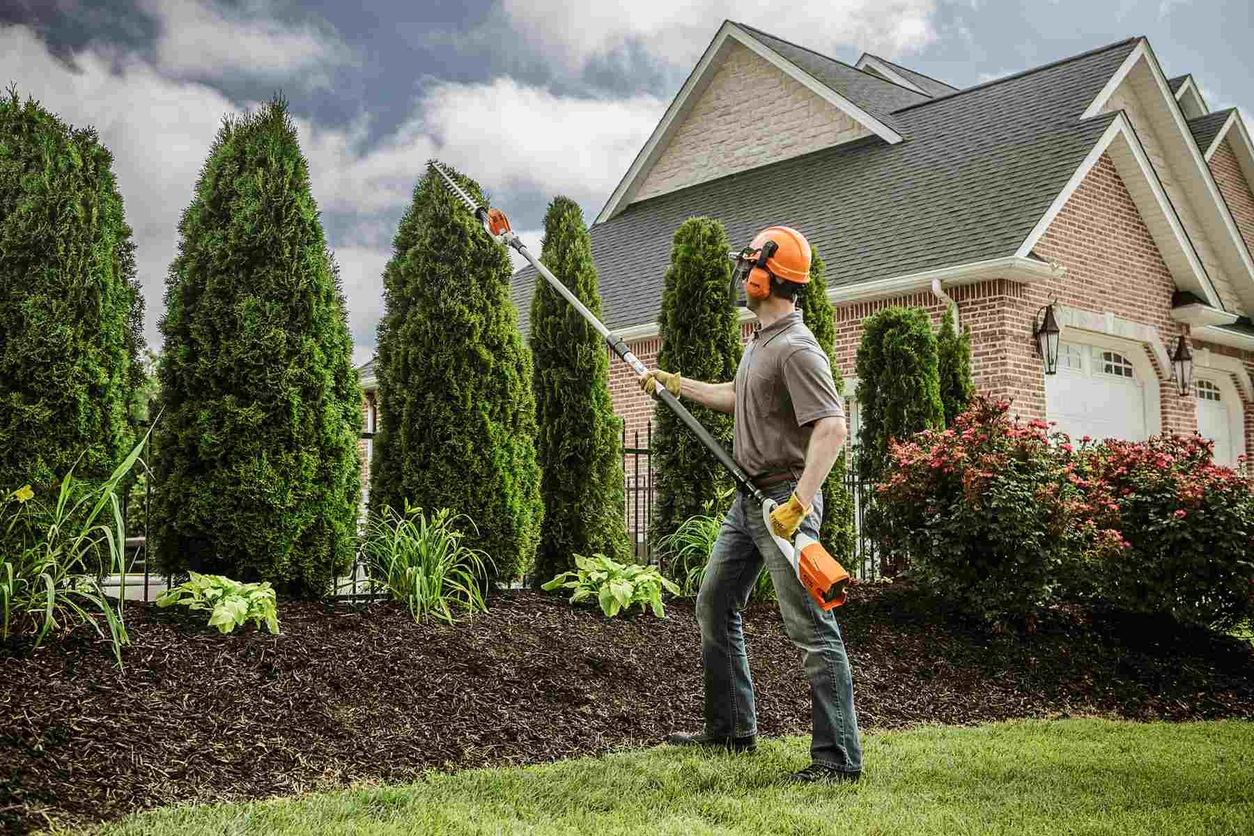 A man is using a pole saw to cut the grass in front of a house.