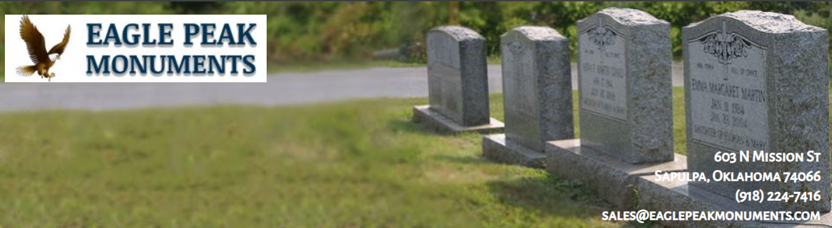 Eagle Peak Monuments logo over a cemetery scene with several gray granite headstones in a grassy field