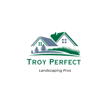 A logo for troy landscaping pros with mountains and houses