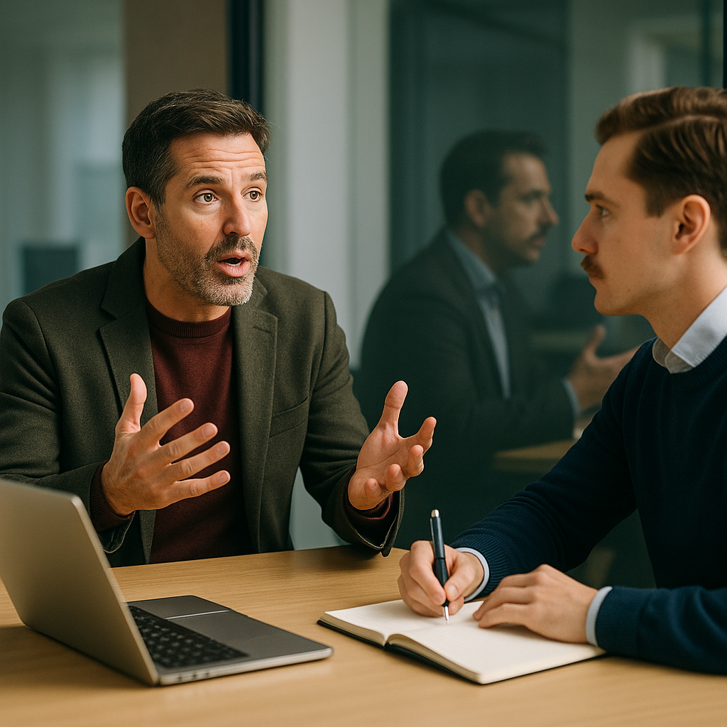 Business owner shares needs as salesperson listens, reflection shows the “mirror effect