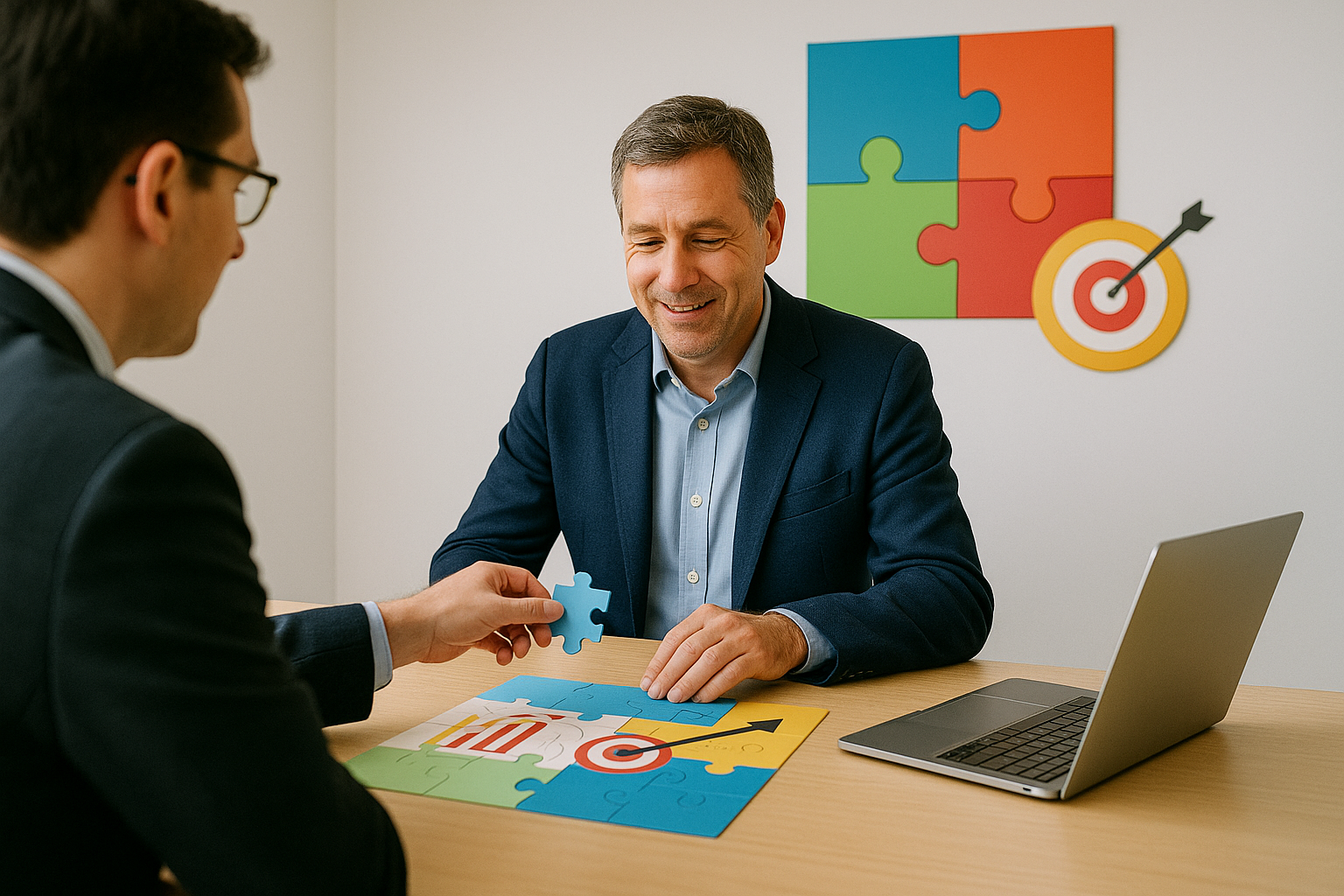 A salesperson handing over a puzzle piece to a business owner, and when the owner places it, the whole picture of their business goals comes together (showing how Needs Assessment unlocks clarity).